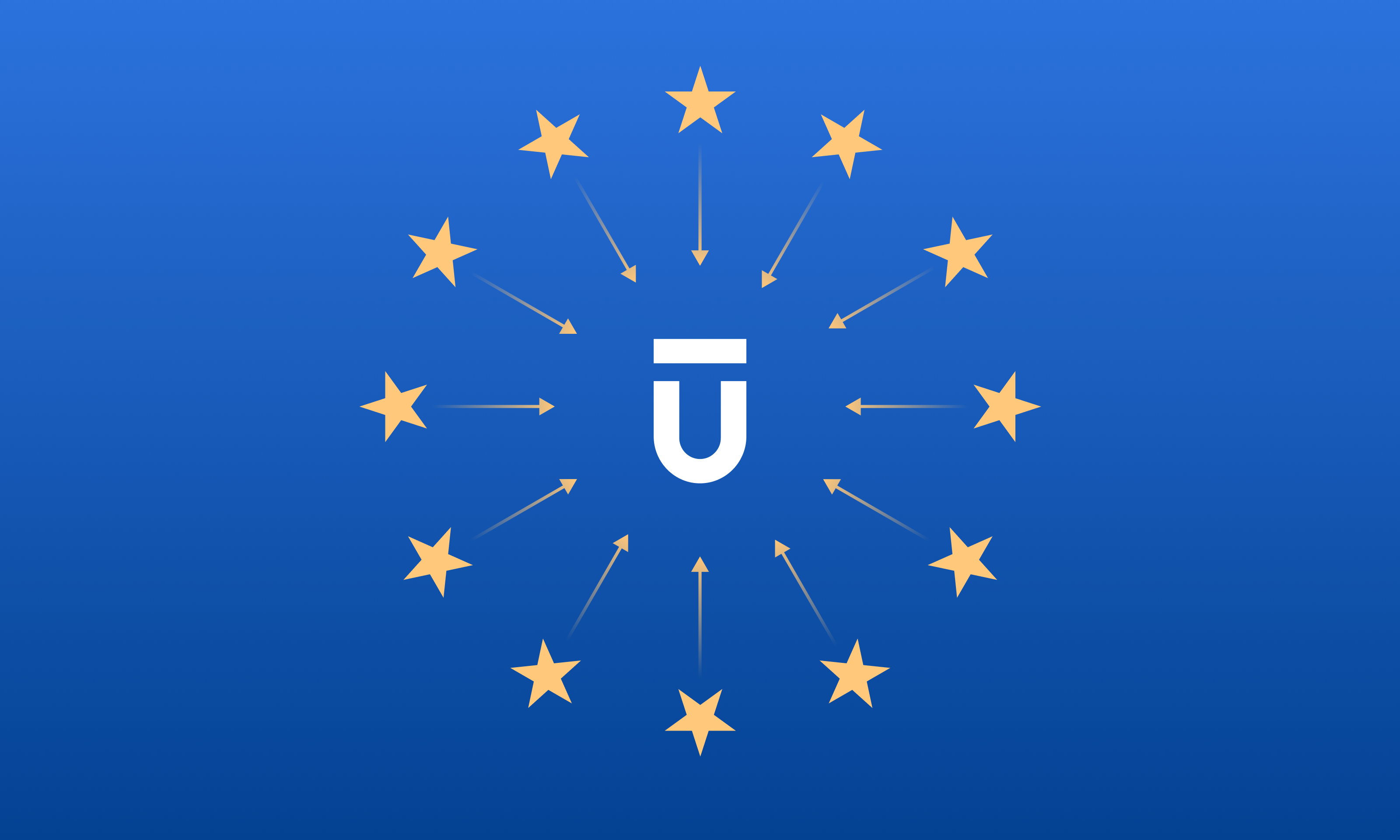 A white Ū symbol is centered on a blue background, surrounded by twelve yellow stars with arrows pointing outward from the symbol to each star, resembling the EU flag with a modern twist.