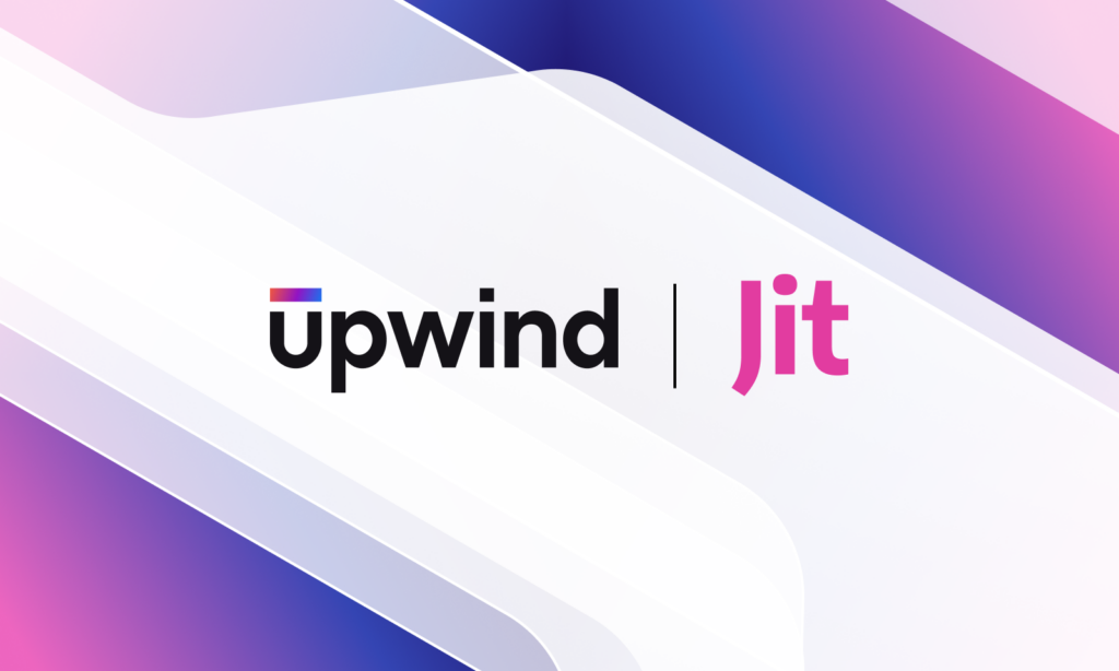 Logo image with the word Upwind in black next to the word Jit in pink, separated by a vertical line, on a white background with purple and pink geometric accents.