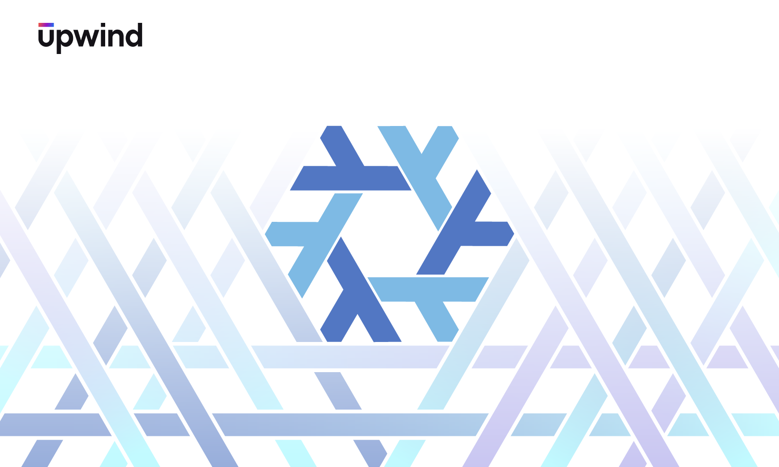 Upwind logo in black and purple at the top left, with abstract overlapping blue, white, and purple geometric lines and shapes on a white background, forming a central hexagonal pattern.