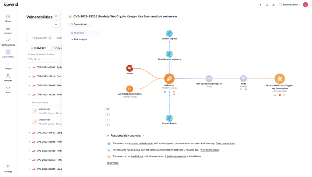 A cybersecurity dashboard displays a vulnerability analysis for Node.js WebCrypto Keygen Key Enumeration. The center diagram highlights key interactions and risk paths, while a sidebar lists additional vulnerabilities.