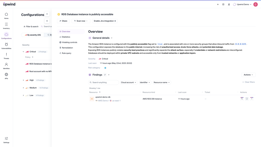 CSPM capabilities help teams identify vulnerabilities (in this case, enriched and prioritized according to runtime context) so they can be remediated before they’re exploited.