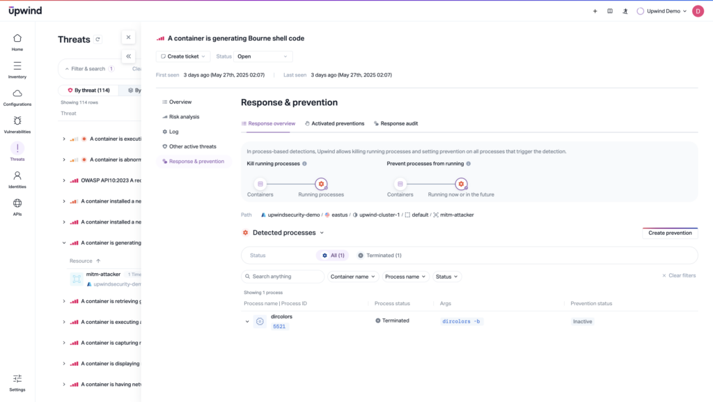 In a sensor-based CNAPP, teams get the benefit of advanced CWPP capabilities. They can see contextualized alerts and respond by terminating processes.