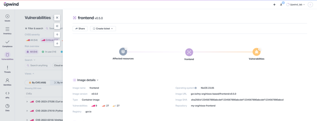 A screenshot of the Upwind dashboard shows vulnerability details for a frontend container. It displays affected resources, frontend, and vulnerabilities, with image details such as operating system and detected vulnerabilities.