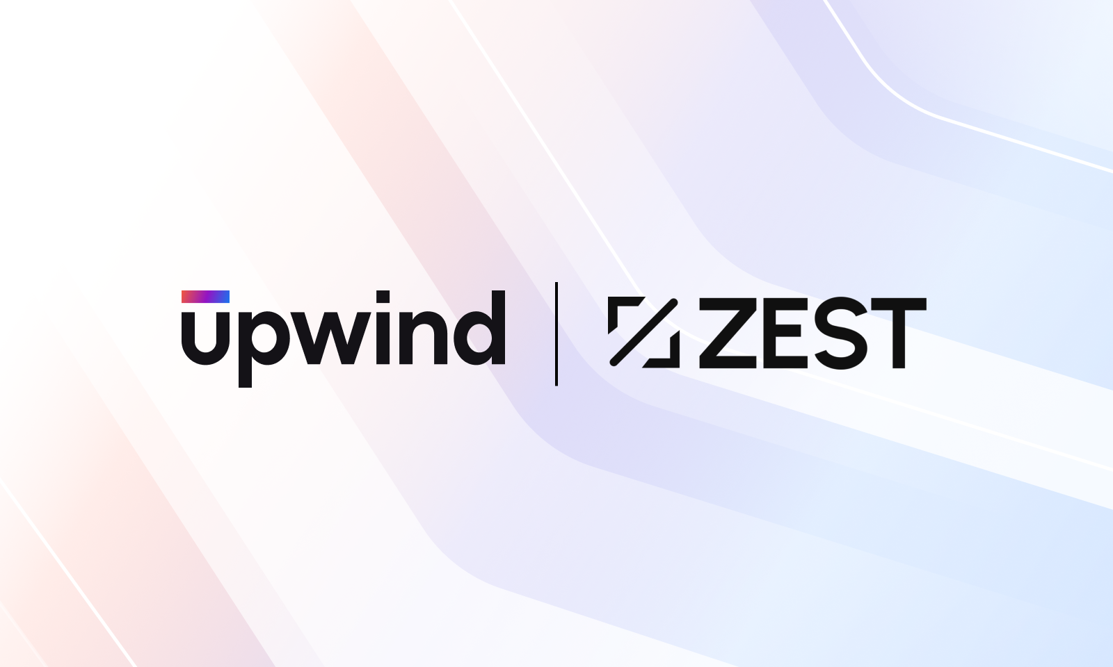 Upwind and Zest logos side by side on a pastel gradient background with angled lines.