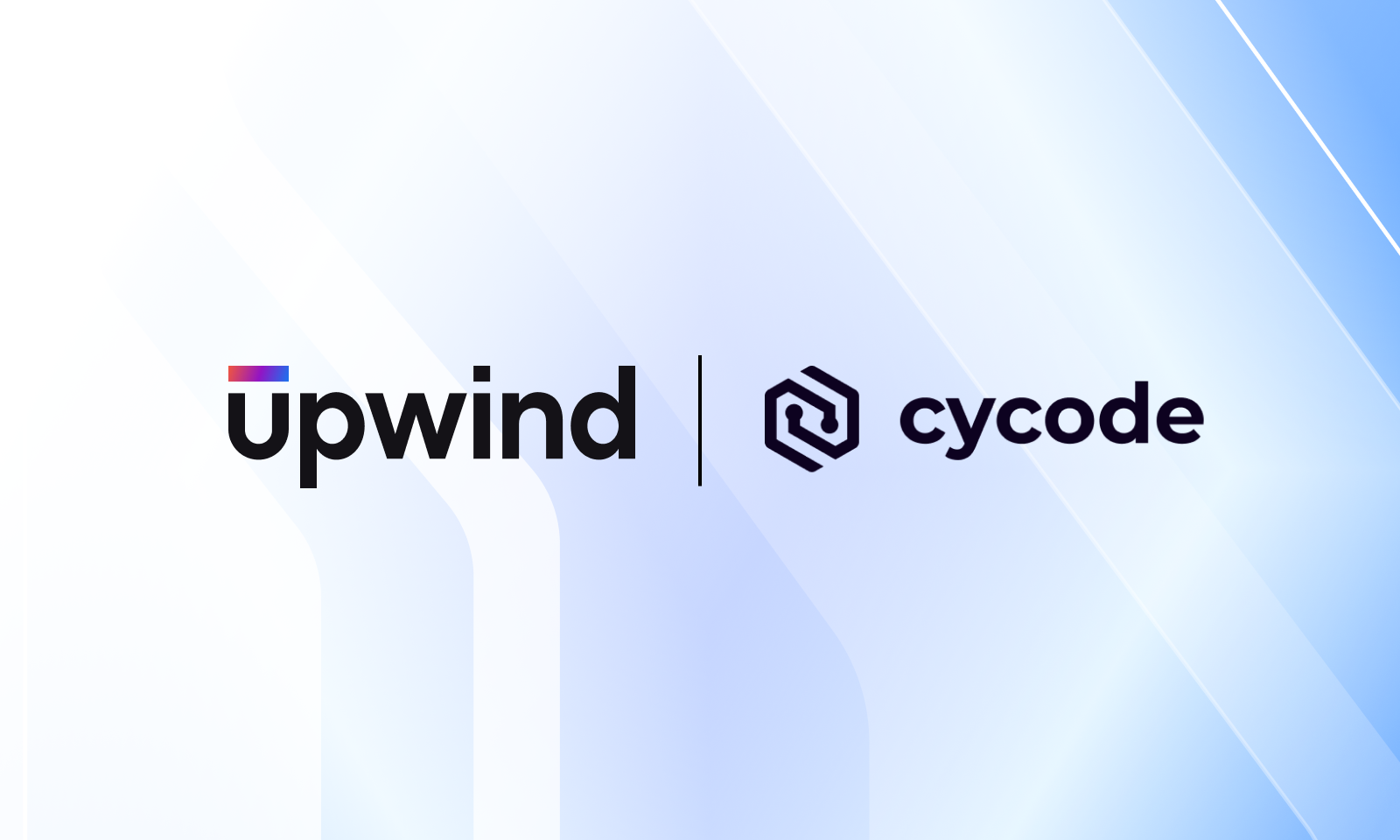 Upwind and Cycode logos side by side on a light blue and white geometric background with vertical stripes and gradients.