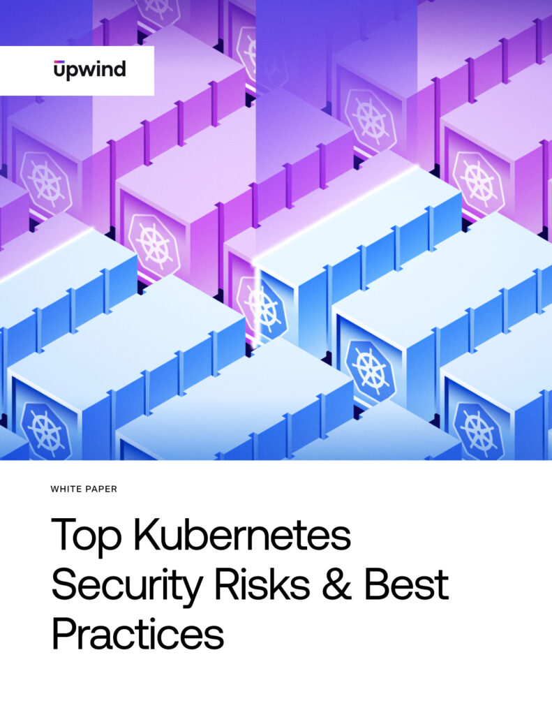 Illustration of blue and pink shipping containers with Kubernetes logos, symbolizing cloud infrastructure, above the title: Top Kubernetes Security Risks & Best Practices by Upwind.