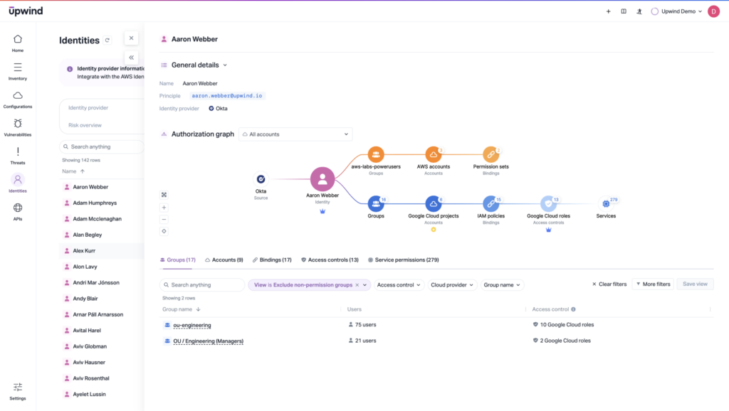 A unified identity graph ties together cloud IAM, Kubernetes RBAC, and actual runtime behavior, for visibility across cloud and orchestration layers that can be lost with traditional tools.