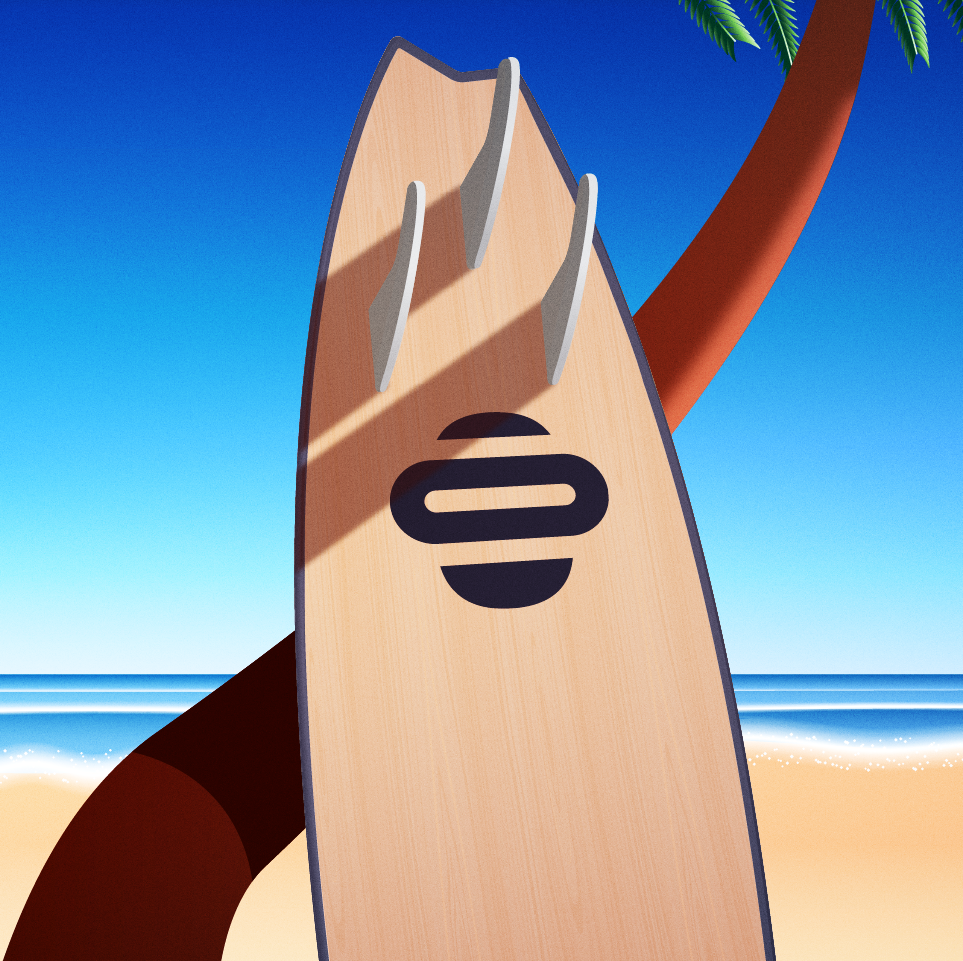 A surfboard with a logo leans against a palm tree on a sandy beach. The ocean is calm under a clear blue sky.