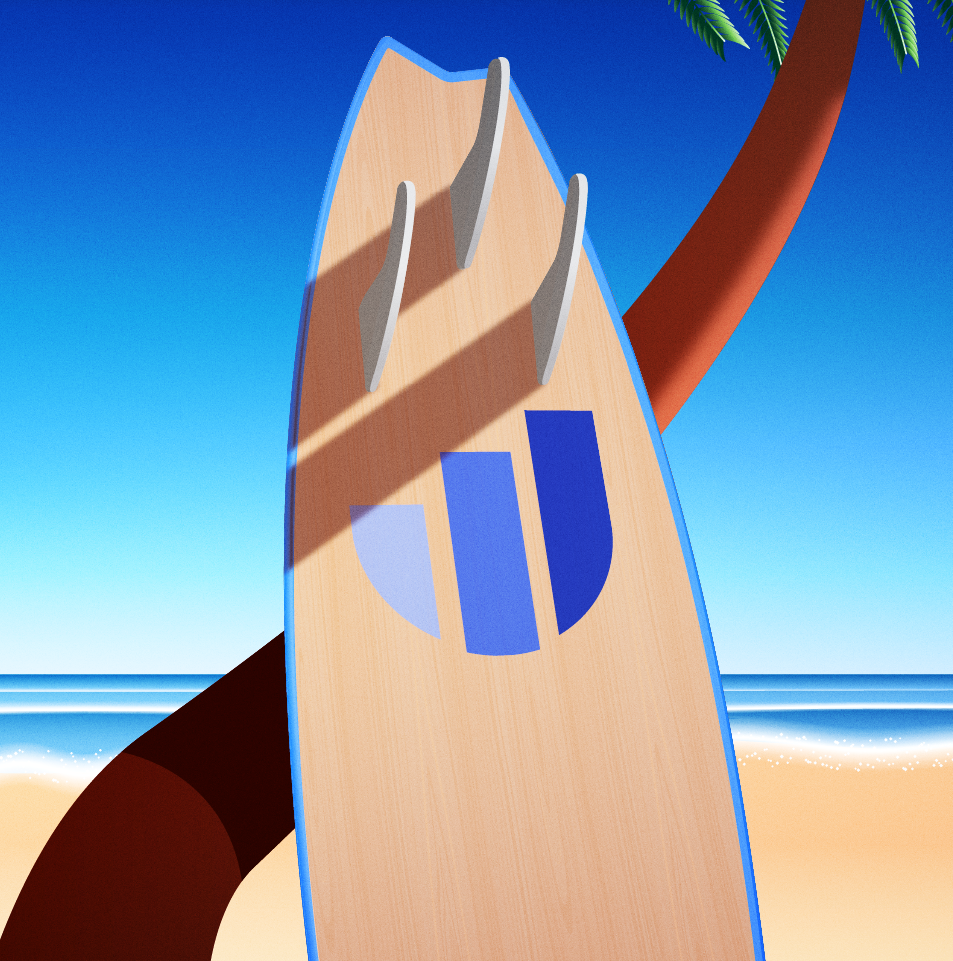A surfboard leaning against a palm tree on a sunny beach with a clear blue sky and gentle waves in the background.