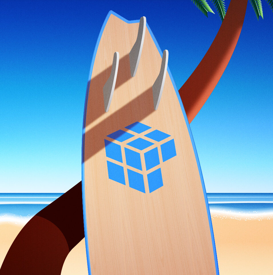 A surfboard leaning against a palm tree on a sunny beach. The ocean is calm, with gentle waves under a clear blue sky. The surfboard features a blue geometric design.